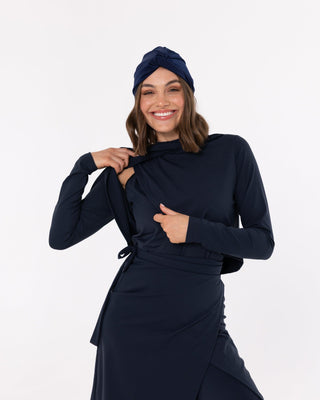 'Hamilton' Navy Overlay Long Sleeve Swimsuit - Twiice Boutique