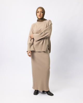 'Farah' Ribbed Knit Skirt - Dark Beige