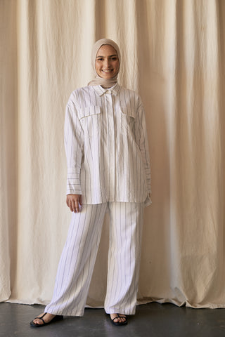 'Ava' White Linen Stripe Relaxed Pant