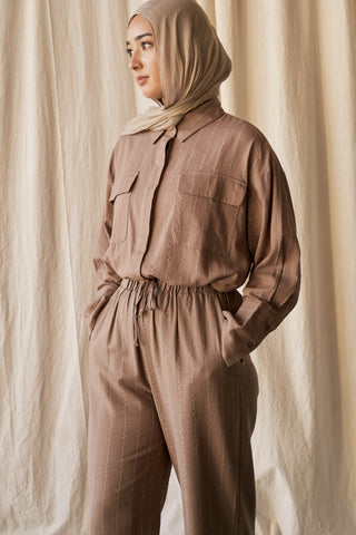 'Ava' Brown Linen Stripe Relaxed Pant