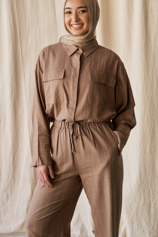 'Ava' Brown Linen Stripe Relaxed Pant