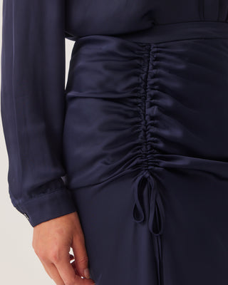 'Alaia' Navy Ruched Satin Maxi Skirt