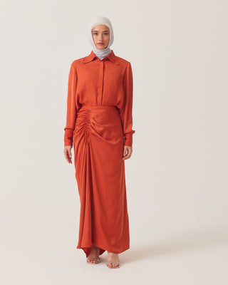 Alaia' Orange Ruched Satin Maxi Skirt