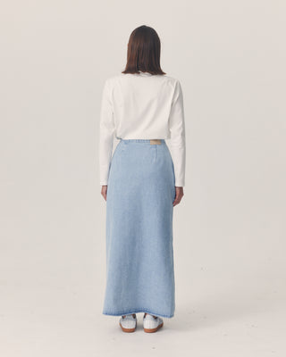 'Azora' Blue Denim Wrap Maxi Skirt.