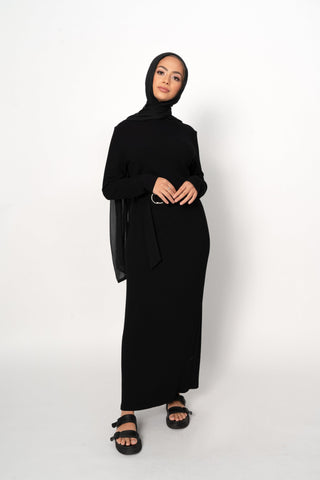 Black 'Everyday' Ribbed Cotton Belted Maxi Dress - Twiice Boutique