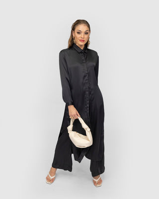 'Mia' Satin Maxi Shirt - Black - Twiice Boutique