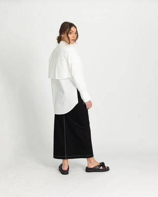 'Carry On' Black Denim Contrast Stitch Skirt - Twiice Boutique