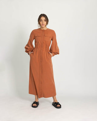 'Effortless' Cupro Button Up Maxi Dress- Rust (FINAL SALE) - Twiice Boutique