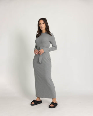 Grey 'Everyday' Ribbed Cotton Belted Maxi Dress - Twiice Boutique