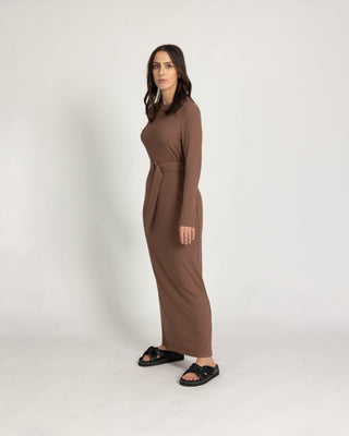 Brown 'Everyday' Ribbed Cotton Belted Maxi Dress - Twiice Boutique