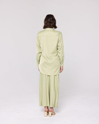 'Seville' Sage Green Relaxed Satin Shirt - Twiice Boutique