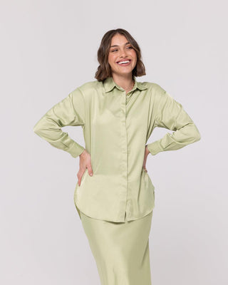 'Seville' Sage Green Relaxed Satin Shirt - Twiice Boutique